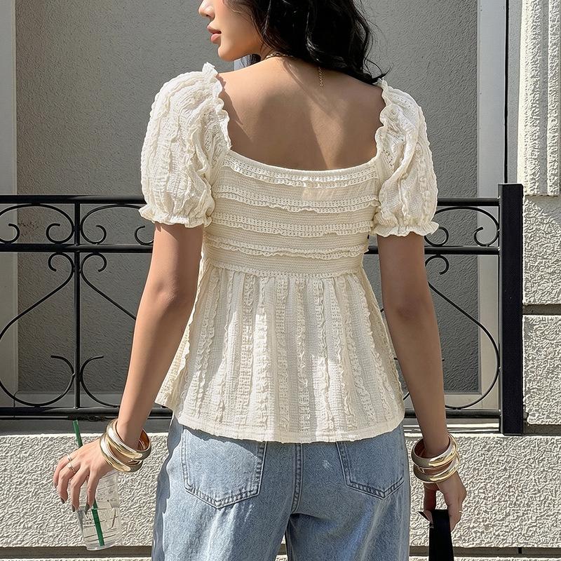 New Soft and Girlish Style Solid-color V-neck Jacquard Pleated Puff-sleeve Top