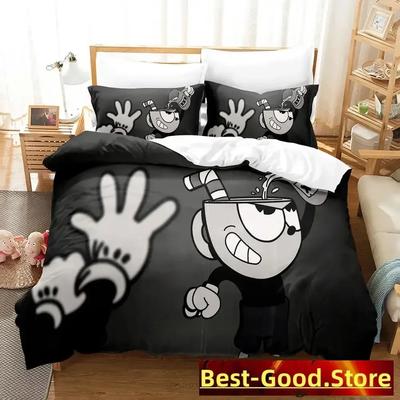 Kawaii Cuphead Mugman Anime Spiel Bett Bedrucktes Bettset Bettbezug Kissenbezug Bettwäscheset Leinenlaken Steppdeckenbezug Volle Größe
