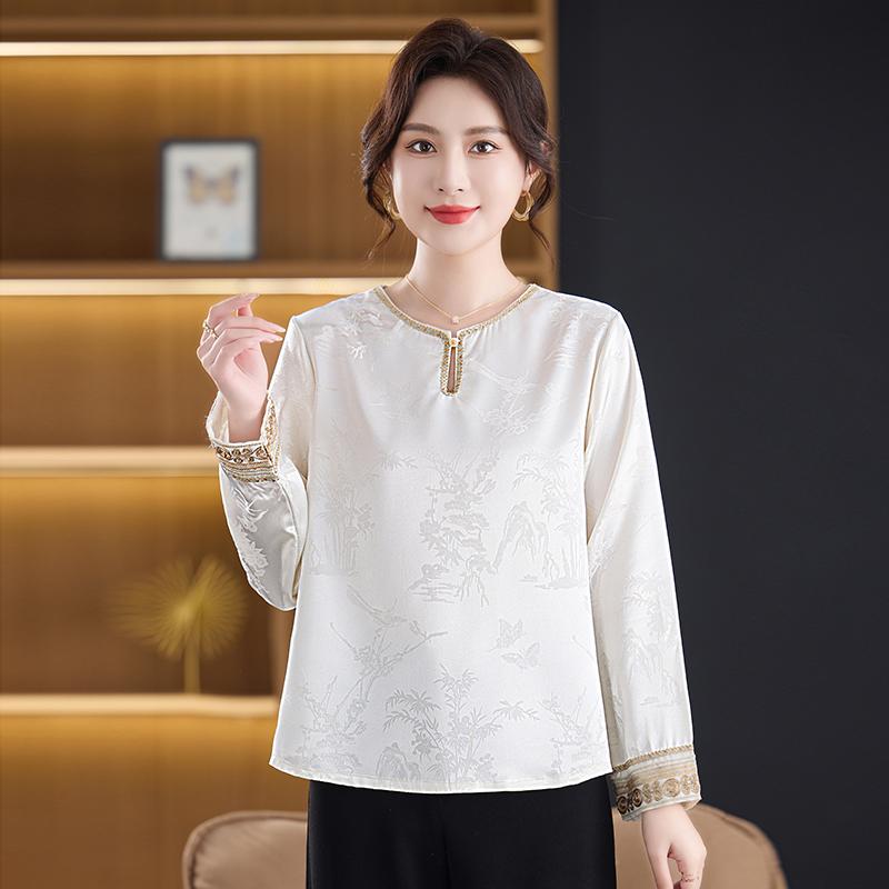 

Women s 2026 Retro Chinese Style Satin Jacquard White Shirt - Loose Fit Spring/Summer Top 4XL for 135-155 kg білий