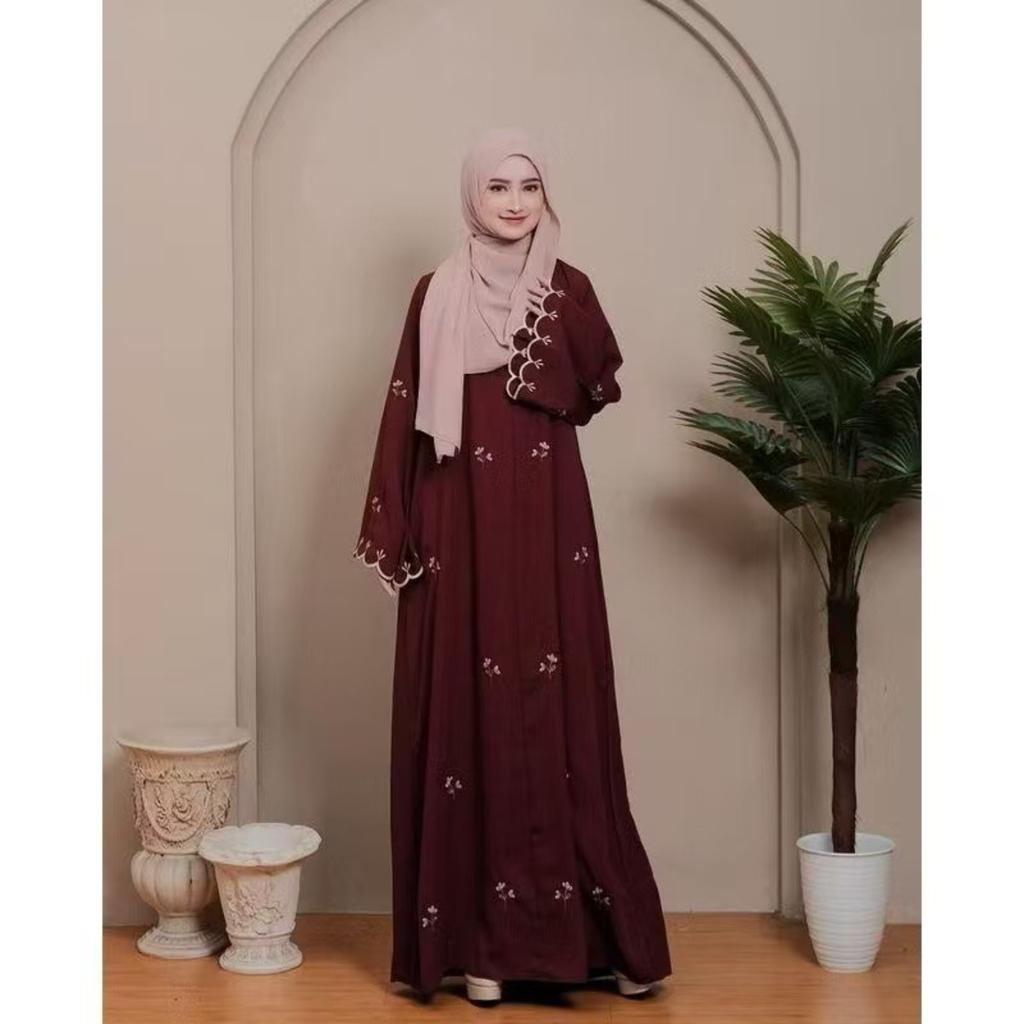 Women's Crew Neck Long Sleeve Maxi Dress Loose Fit Relaxed Waist Floral Embroidery Modest Abaya Dress