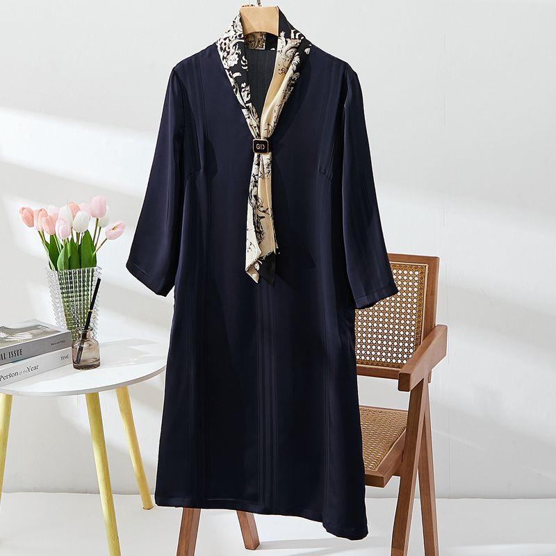 

King Female Fake Two-Piece Silk Scarf Collar Three-Quarter Sleeve A- line Satin Ammonia Silk Dark Pattern Dress Lift Temperament Dark Blue Skirt Navy 2XL