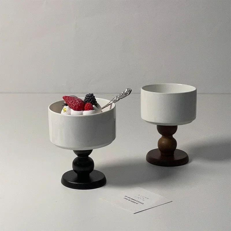 French Vintage Dessert Ice Cream Ceramic Goblet High-legged Retro Wooden Handle Tea Fruit Saucer Pudding Cup Candle Holder