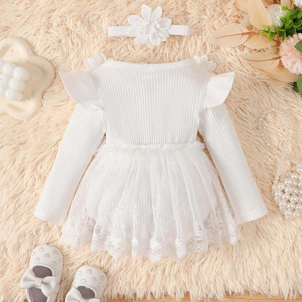 3D Flower Summer Baby Girls Romper Princess Mesh Newborn Clothes Lace Patchwork Ruffle Bodysuit Dress Headband Kids Clothing