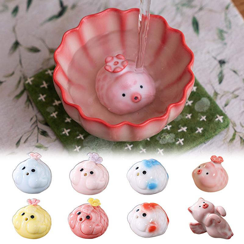 Estatua de Mascota de Té de Cerámica Pez Pececito Escupe Burbujas Bajo Fondo de Taza Rosa Escupe Burbujas Adorno de Cerdito Tazas de Agua Decoración de Taza Regalo