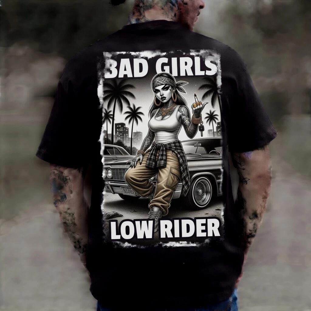 Bad Girls Low Rider Black Graphic T-Shirt Chola Street Tattoo Tee XS