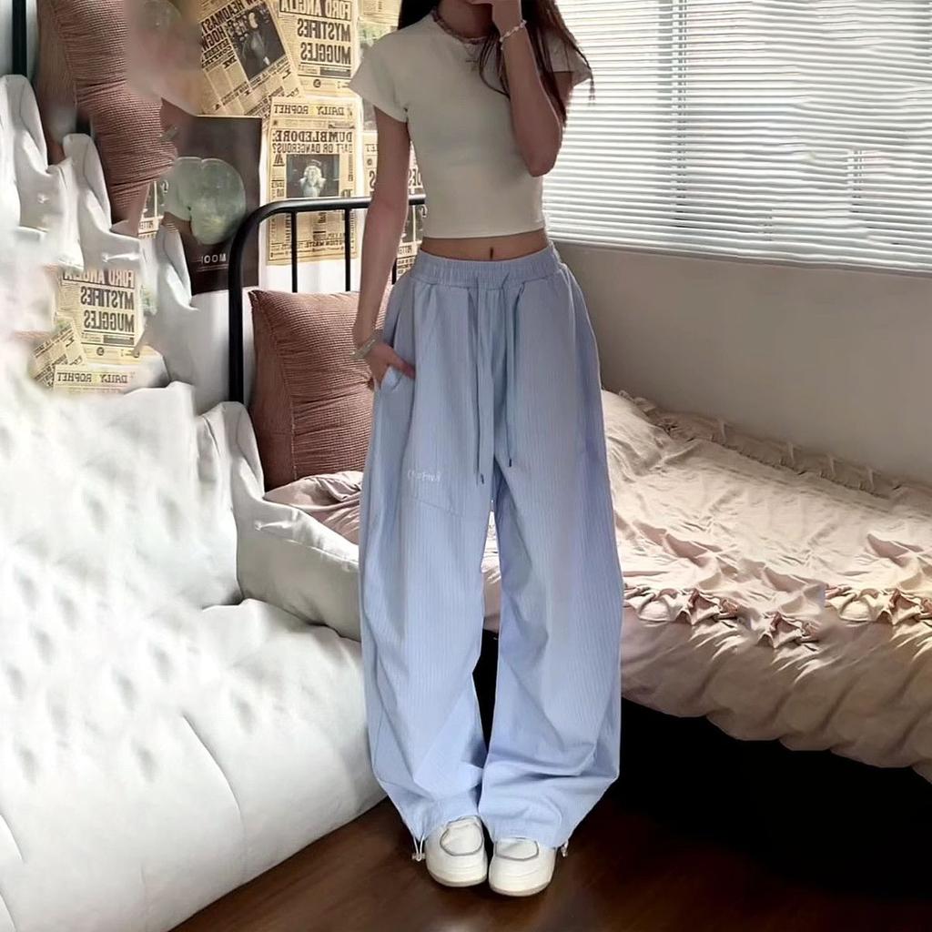 Unisex Spring-Summer American Cargo Pants | Retro Pleated Striped Wide-Leg Casual Athletic Sabre Trousers