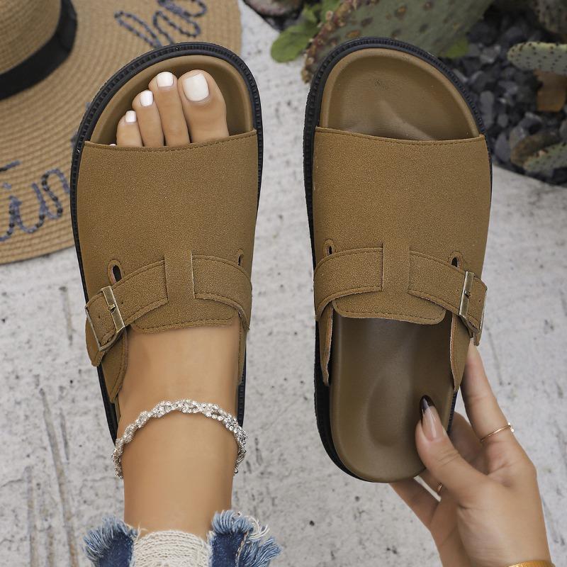 

Large size solid color thick-soled slippers women s new fashion belt buckle flat-bottomed cool slippers 42 хаки