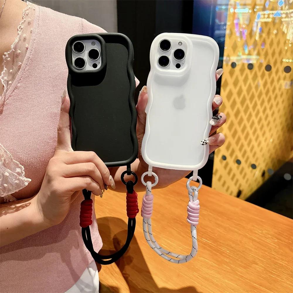 Candy Color Silicone Soft Phone Case with Wrist Strap For iPhone 16 Pro Max 15 14 13 Wave Edge Frame Protective Cover