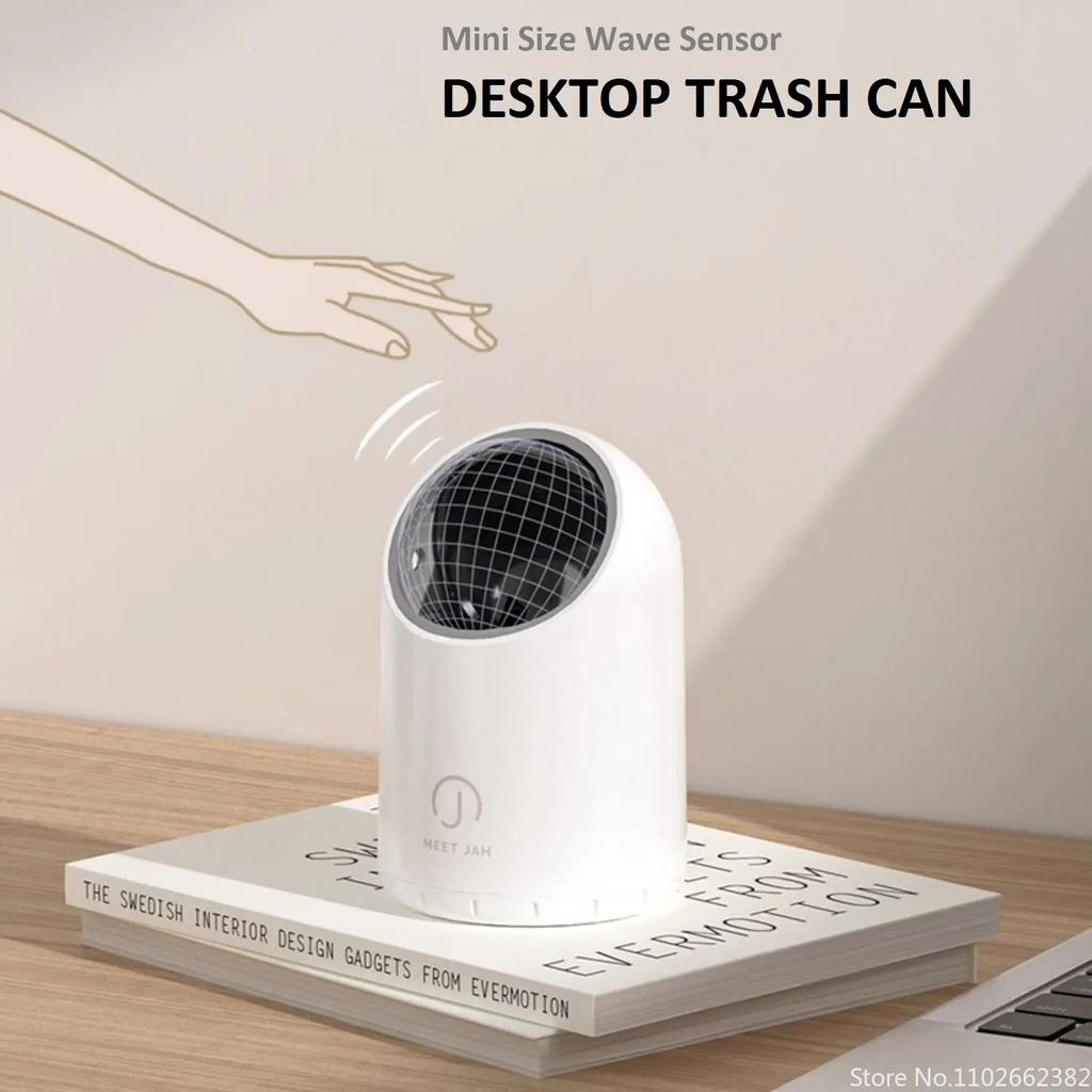 Mini Size Desktop Trash Can Intelligent Wave Sensor Induction Cute for Living Room Bathroom Ofiice Desk Anti Pinching Waste Bin