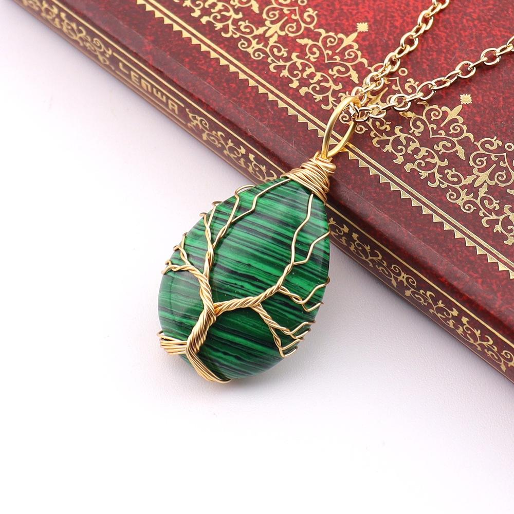 Natural Stone Crystal Agate Water Drop Winding Silk Tree Of Life Pendant Necklace Sweater Chain Water Drop Rough Stone N781