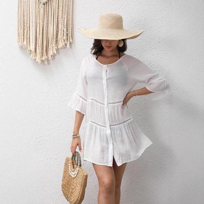 2023 Summer Solid Color Bell Sleeve Lace Beach Cover-Up Dress