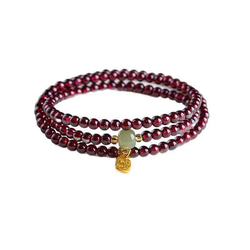 Exquisite Chinese-Style Red Garnet & Hetian Jade Bracelet with Luck Fu Character for Women