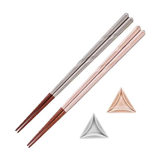 Sunlife Design PINGTO Chopsticks, Dishwasher Safe, Natural Wood, Pointed Tip, Chopstick Rest, Pair Set, 23cm, Lino, Gray / Pink, Made in Japan