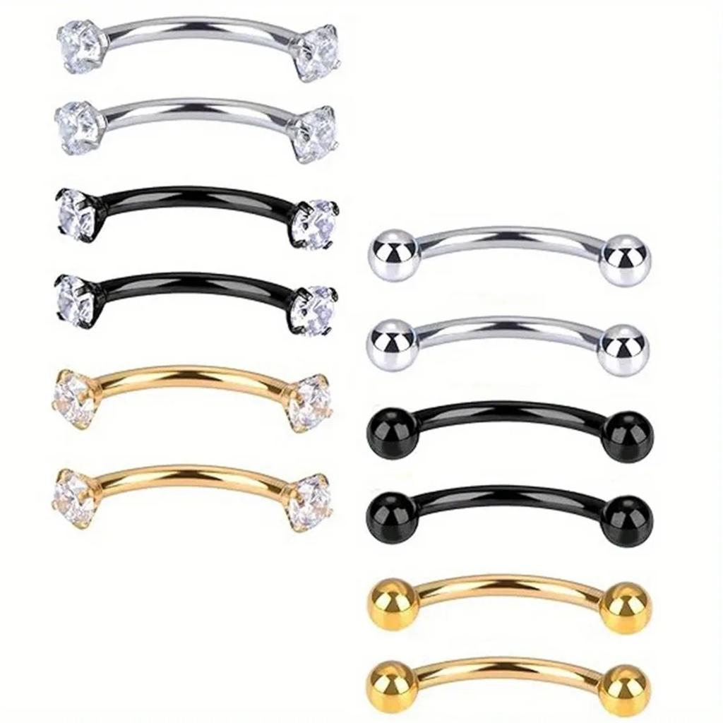 6Pcs 316 Stainless Steel Curved Barbell Eyebrow Lip Belly Ring With Shiny Zircon Fashion Body Piercing Jewelry