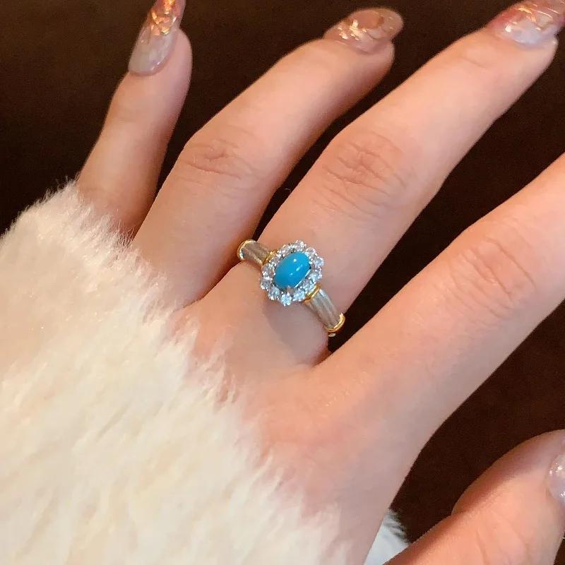 Pierścionki turkusowe z serii kwiatowej dla kobiet Lekki luksus inkrustowany cyrkonią modny urok kreatywny pierścionek styl dla par cyrkonia