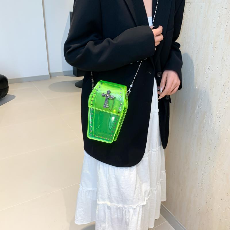 

Newly Women Clear Handbag Gothic Coffin Shape Concerts Punk Metal Chain Female Shoulder Crossbody Bag Stadium Approved Phone Bag