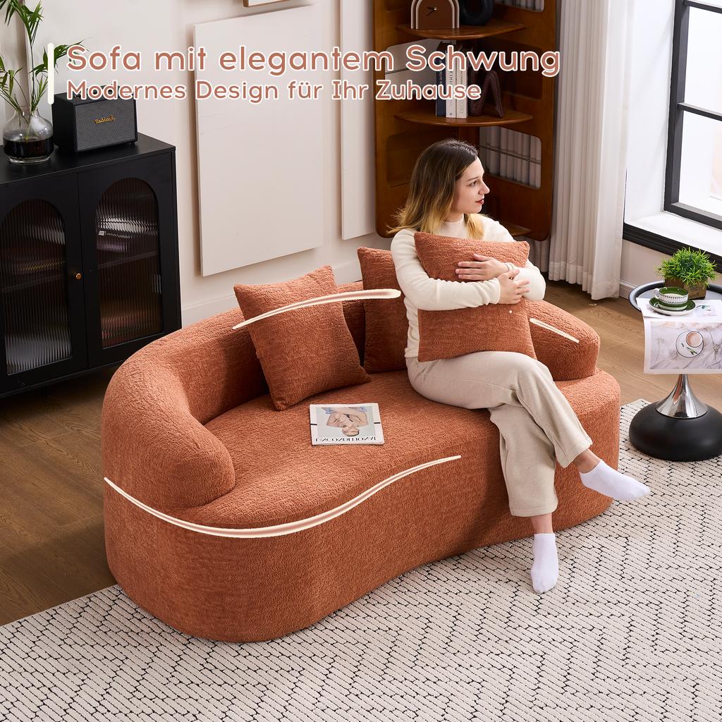 Modular, Curved Two-seater Sofa, Contemporary Style, Including Three Decorative Cushions, Ideal for Small Apartments, No Assembly Required, Coral Pink