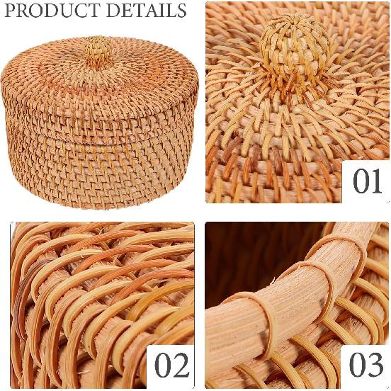 Round Rattan Storage Box with Lid - Hand Woven Rattan Basket for Desktop or Decorative Use