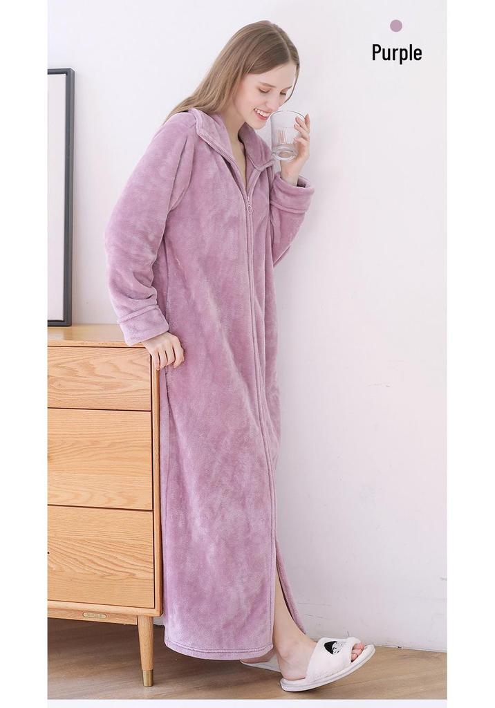 Women's Plus Size Long Nightgown - Double Zipper, Autumn/Winter Pajamas, Home Wear Robe