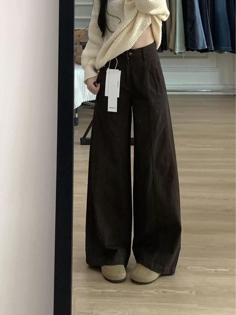 Women's Coffee-Colored Wide-Leg Jeans - High-Waisted, Slimming, American Retro, Autumn/Winter Style, Floor-Length with Good Drape
