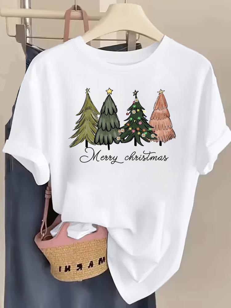 (Asian Size) Letter Cute Women Fashion Festival New Year T Shirt Christmas Clothing Tee Top Print Woman Short Sleeve Graphic T-shirts