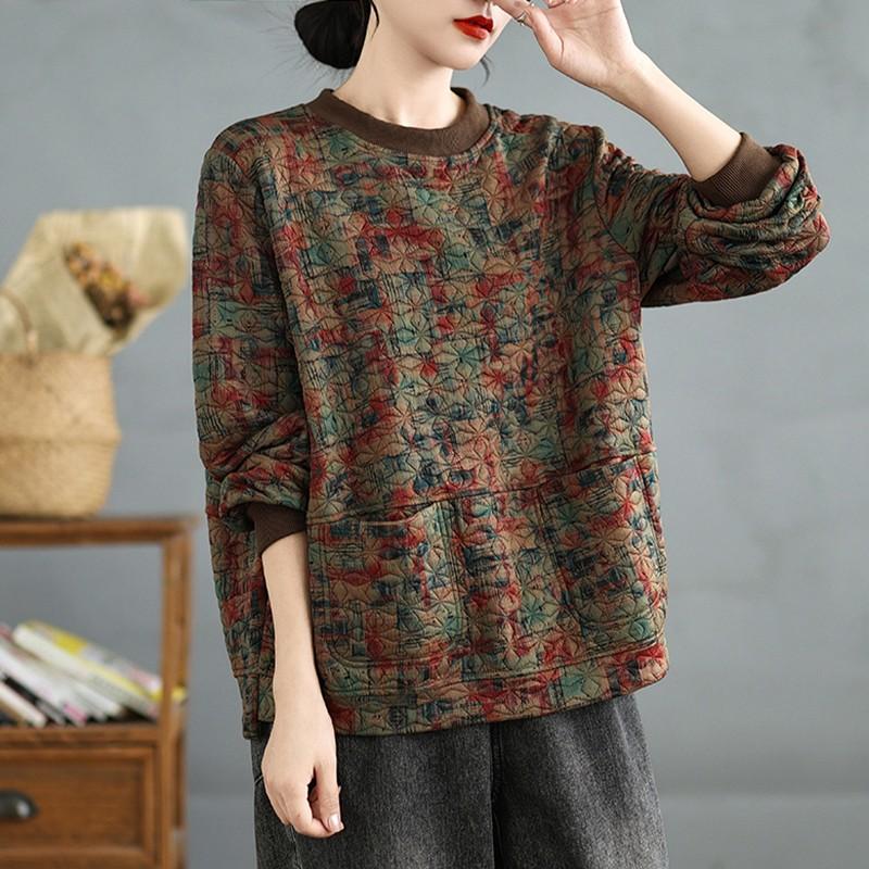 Women Long Sleeve Casual Pullovers Arrival Autumn Vintage Style O-neck Print Loose Female Thick Warm Sweatshirts