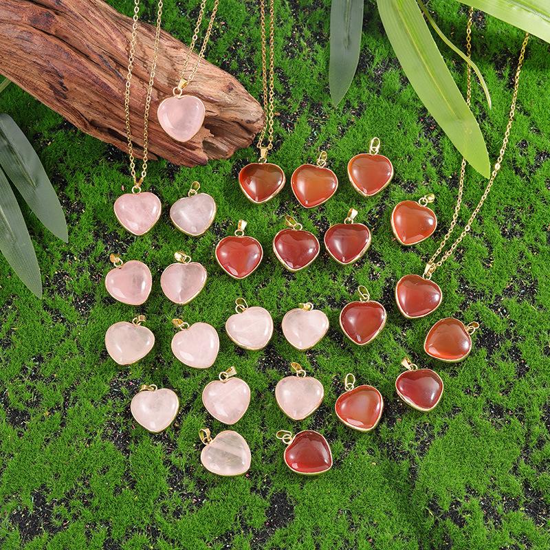 Rose Quartz Heart Shaped Natural Stone Agate Golden Edge Wrap Pendants Healing Crystal Chakra Reiki Love Gemstone