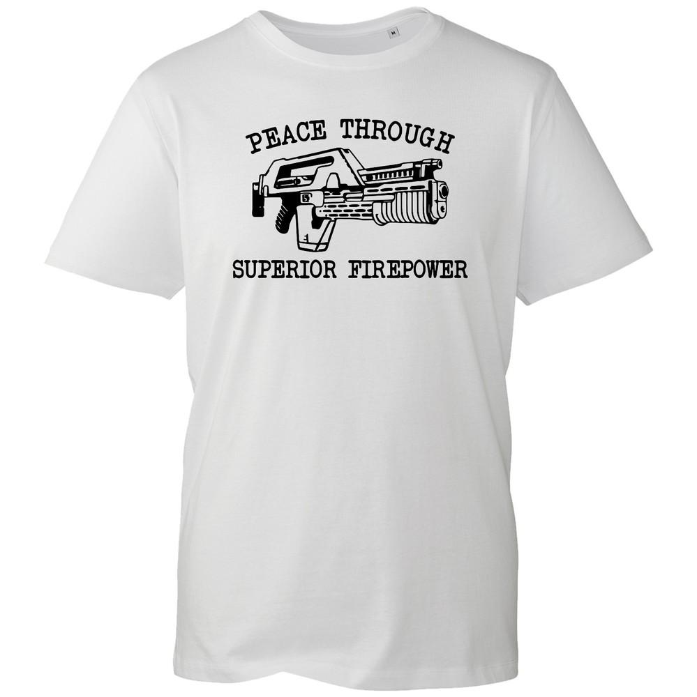 Peace Through Superior Firepowers Tshirt Funny Gaming Graphic Tee Gamer Humor S