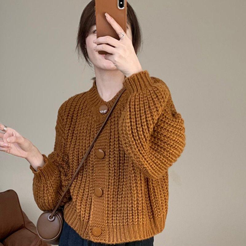 Loose Sweater Coat Women's Short Lazy Style Vintage Heavy-duty Knitted Cardigan Top Autumn Winter