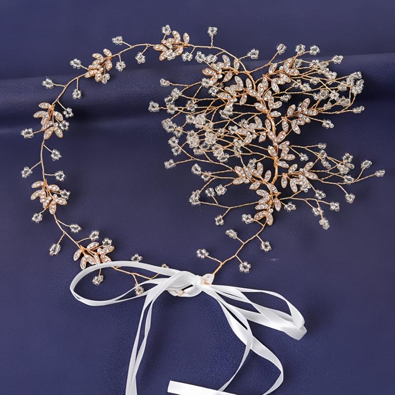 Gold Color Flower Leaf Hairband Tiara For Women Party Crystal Pearl Headband Bridal Wedding Hair Accessories Jewelry Comb Band