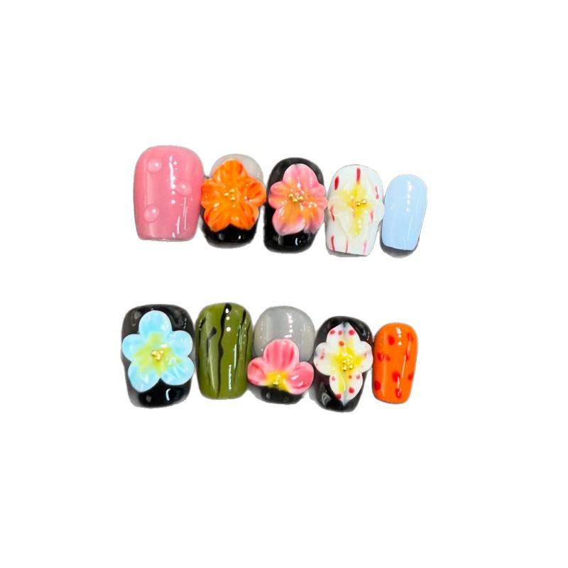 Handcrafted Short Square Floral Press-On Nails With Sparkle Texture Hawaiian Style Women