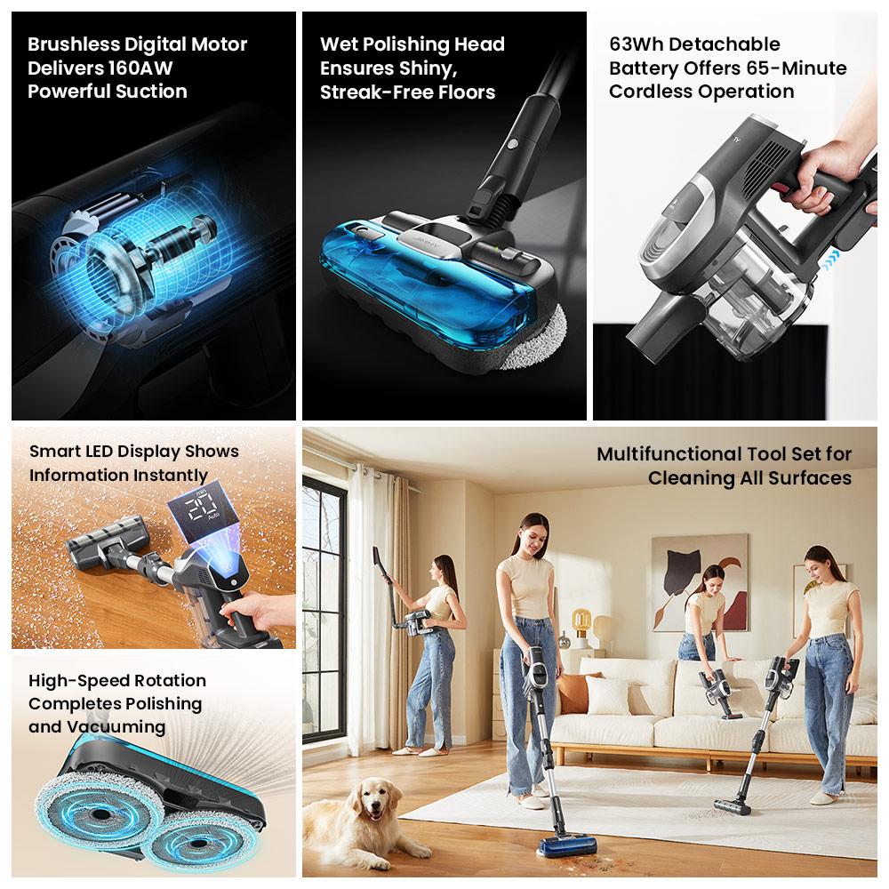 JIMMY JV9 Pro Aqua Cordless Vacuum - 160AW Suction 45Min Runtime HEPA Filter Wet Mopping 4 Modes LED Display