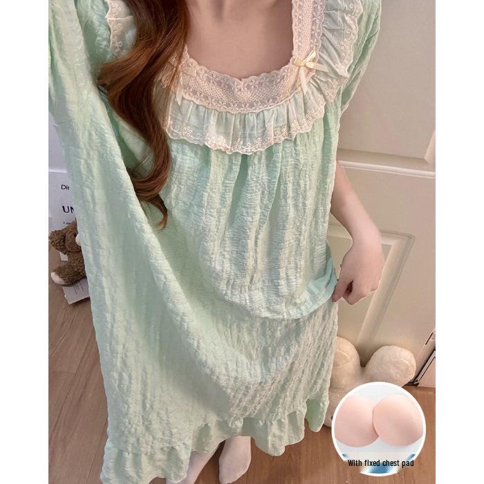Women's Summer 2026 Cloud Cotton Nightgown with Bra Pads, Lace Trim, Short Sleeves, Long Length