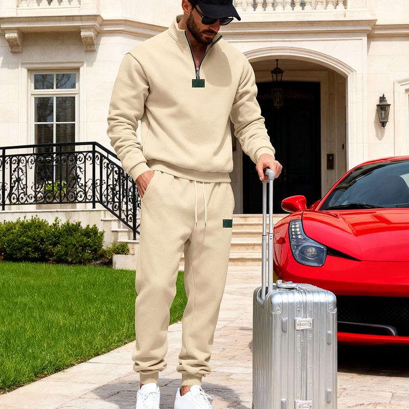 Autumn Men Quarter Zip Stand Collar Tracksuit 2 Piece Set Jogger