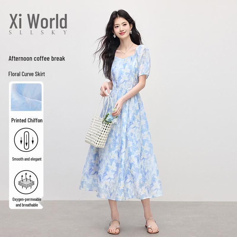 Sllsky Women s Southern France Floral Puff Sleeve Summer Dress S