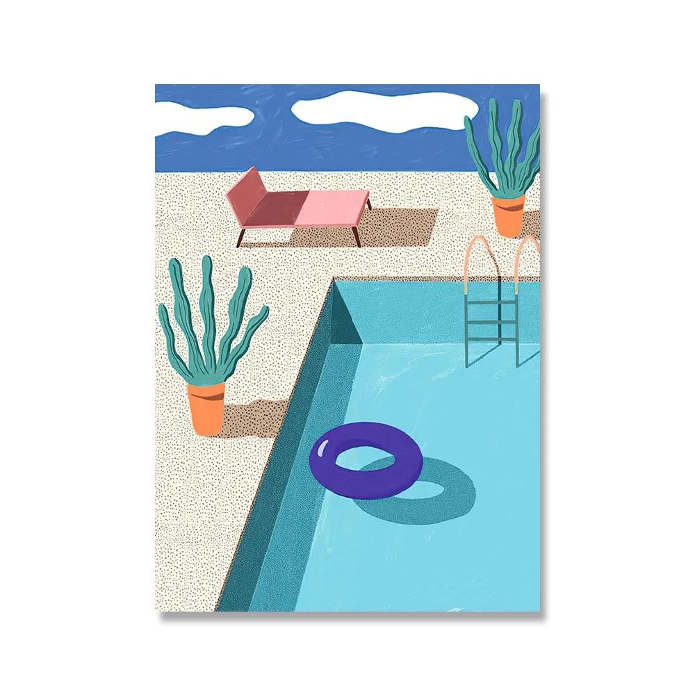 Nordisk Blå Simbassängfest Konst Affisch Tryck Kvinna Fritidsliv Semester Dykning Canvas Målning Mural Badrum Sim Heminredning