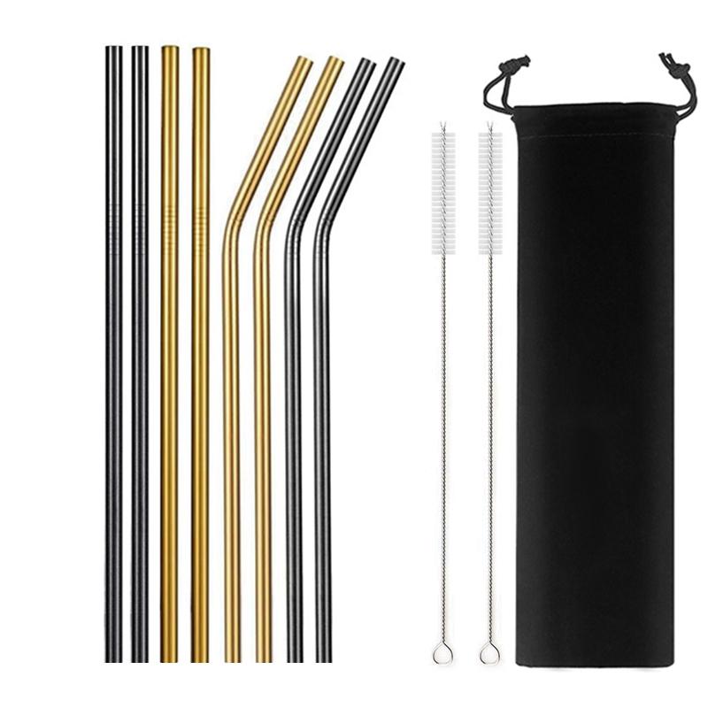 8Pcs Colorful Reusable Metal Straw High Quality 304 Stainless Steel Straws Set with Cleaner Brush Bar Party Drinking Straws