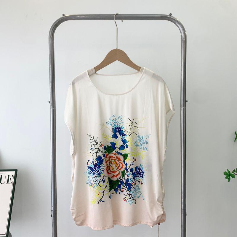 

White Silk Print Short Sleeve Herringbone Pattern Mulberry Silk T-shirt Stretch Crew Neck Middle-Aged and Elderly Silk Top Special Offer White 2XL(Bust size 105, length 63)