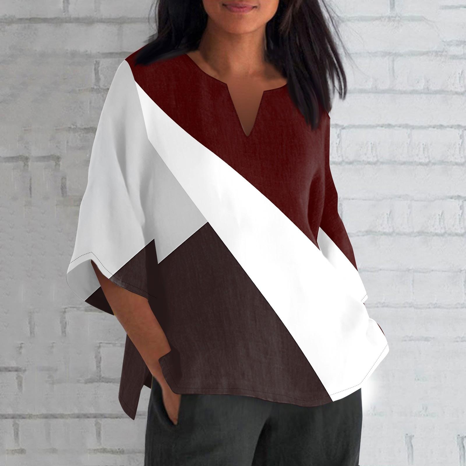 

Женская мода с v-образным вырезом и принтом, свободная повседневная футболка с коротким рукавом, топ XXXL винный