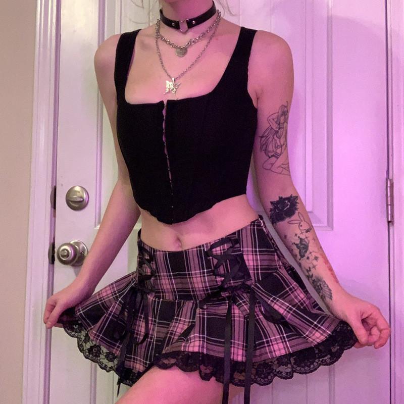 Polyester Plaid Cross Strap Lace Short Skirt With Pleats For Casual Women