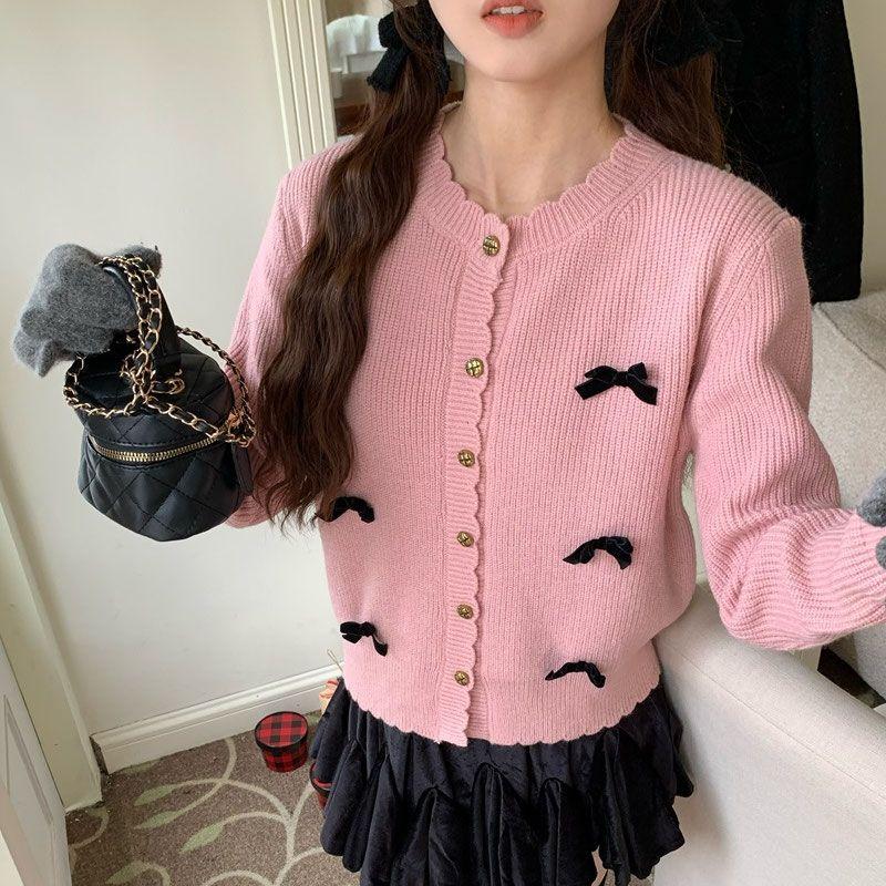 

Новый осенний стиль, вязаный бантом свитер с кружевным узором, короткий и нежный свитер, кардиган для женщин one size розовый