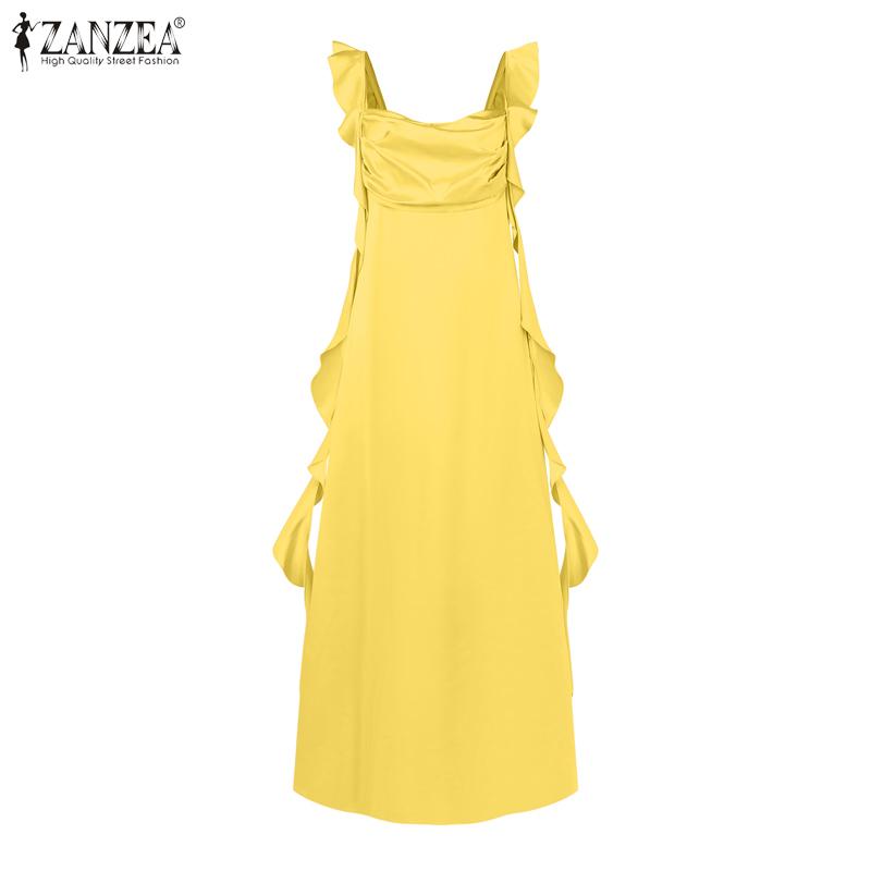 

ZANZEA Women Summer Sleeveless Ruffled Ribbon Layers Satin Casual Party Dress 5XL жёлтый