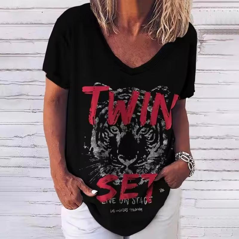 Summer V Neck Tee Shirt 3D Printing Tiger Printed Short Sleeve Top Casual Fashion Women's T-Shirt Street Harajuku Hip-Hop Female Clothes