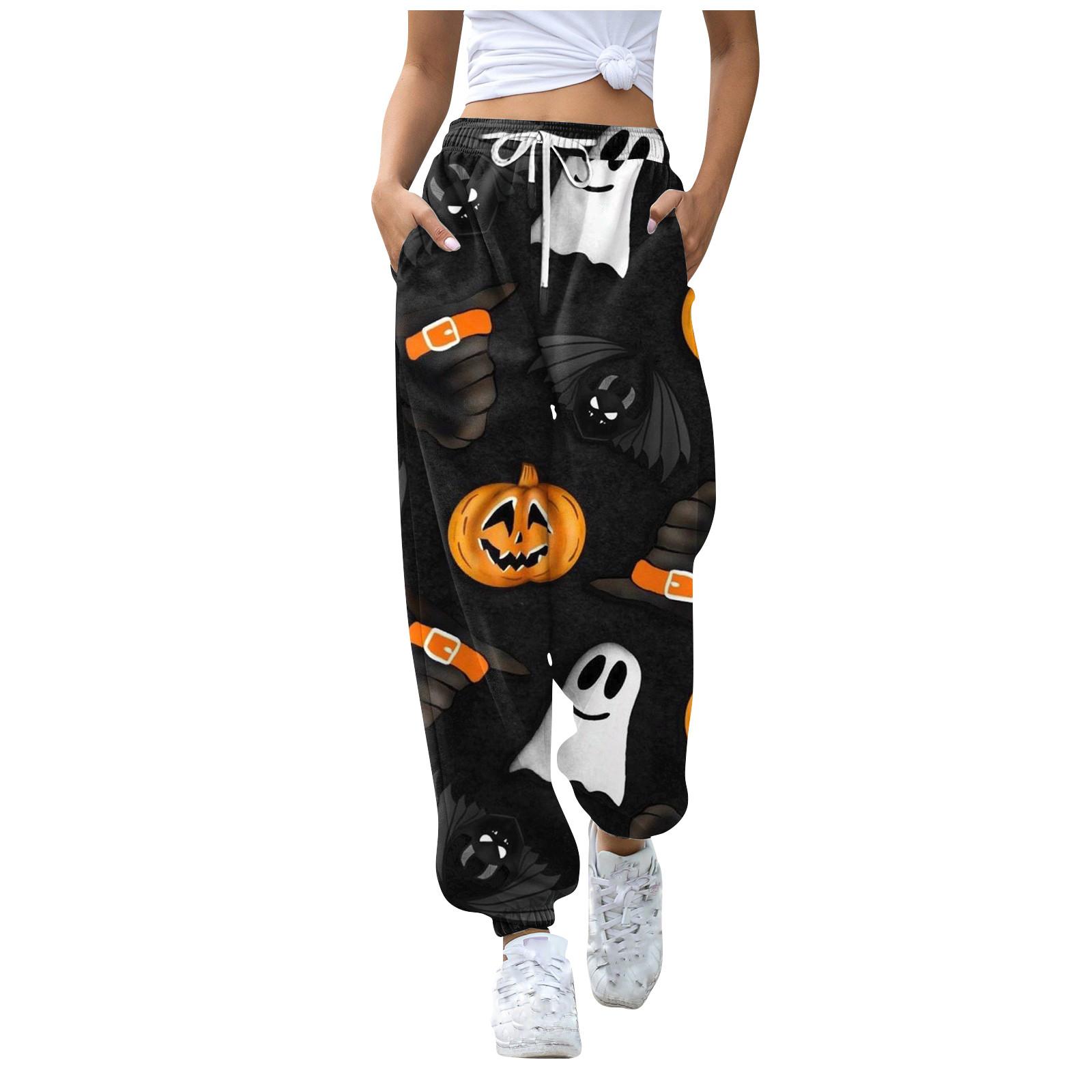 

Женские повседневные модные брюки с эластичной резинкой на талии и принтом на Хэллоуин XL чёрный