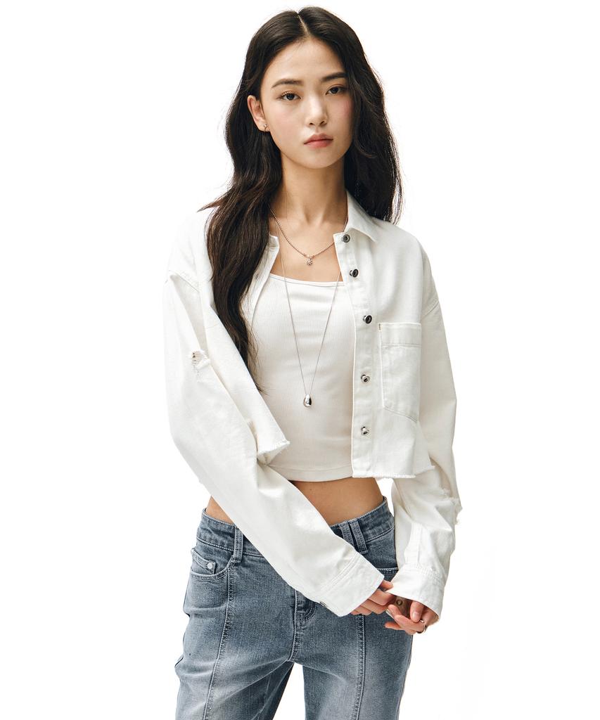 Deketeuumeon Cropped Damage Denim Shirts Dcwsh004White