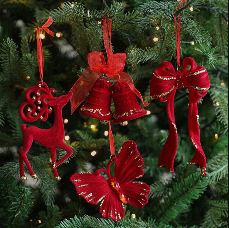 Exquisite Christmas Red Velvet Bow Snowflak Elk Bell Pendant Christmas Tree Hanging Ornament 2026 New Year Party Home Decoration