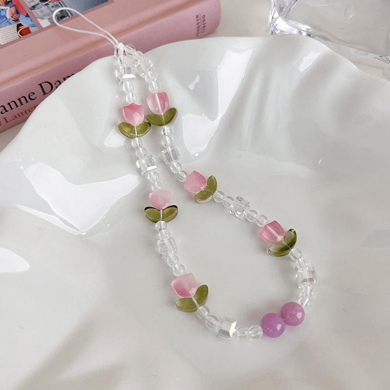 Korean Cute Flower Tulip Pearl Beaded Phone Chain For Mobile Phone Lanyard Pendant Anti-Lost Hanging Jewelry
