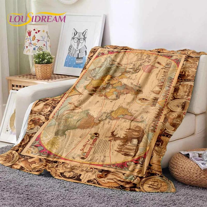 Retro Antike Seekarte Kraft Weltkarte Kompass Weiche Decke, Weiche Überwurfdecke für Zuhause Schlafzimmer Bett Sofa Abdeckung Kind