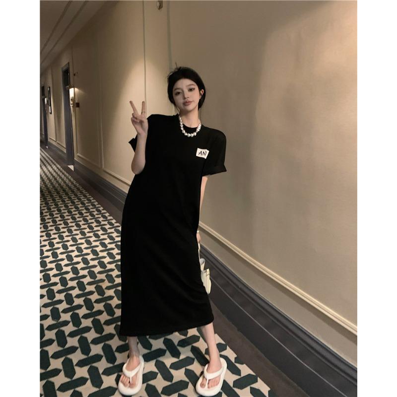 Chic Printed T-shirt Dress Women's Summer Loose Split Mid-length Plus Size Dress
