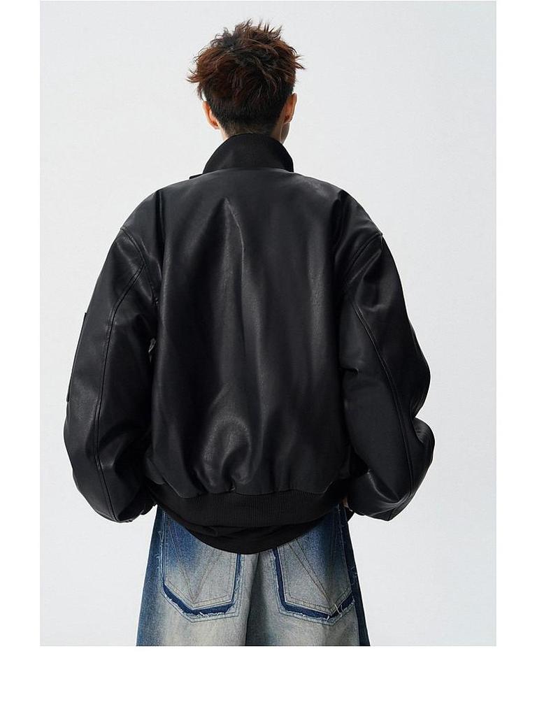 Men's American Retro PU Leather Cotton Jacket - Hong Kong Style, Autumn/Winter, High-End Trend, Loose Fit, Short Stand-Up Collar